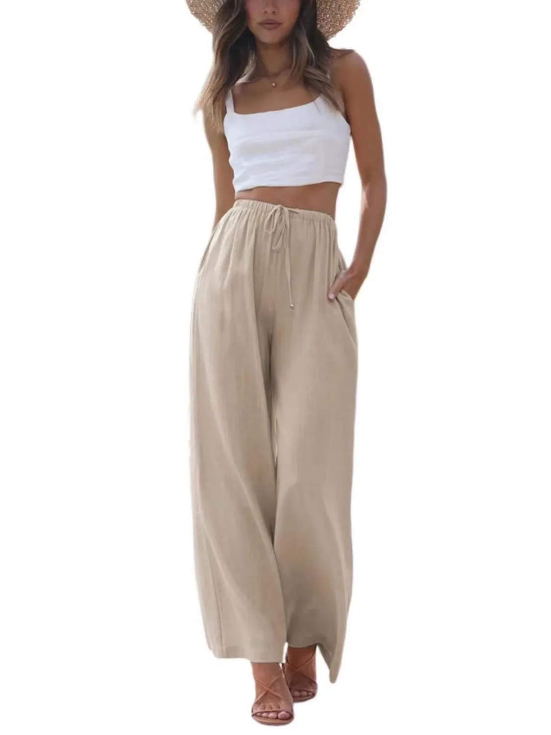 Women Long Pants Solid Color High Waist Wide Leg Drawstring Trousers