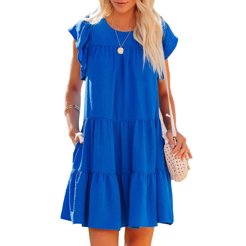 Women's Short Flowy Dress Flutter Sleeve Round Neck Tiered Dress