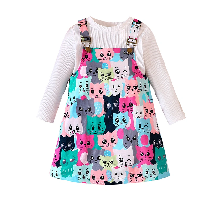 Little Girl Fall Outfit, Long Sleeve Ribbed Tops Cartoon Overall Dress