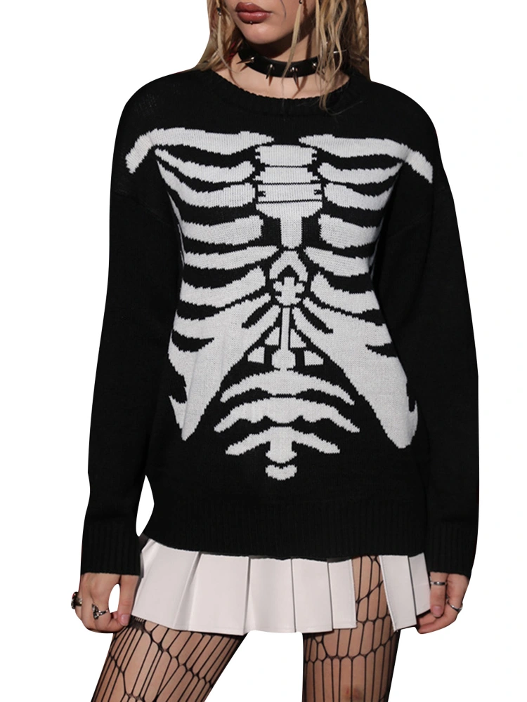 Womens Halloween Sweater Gothic Skeleton Long Sleeve Pullover Tops 