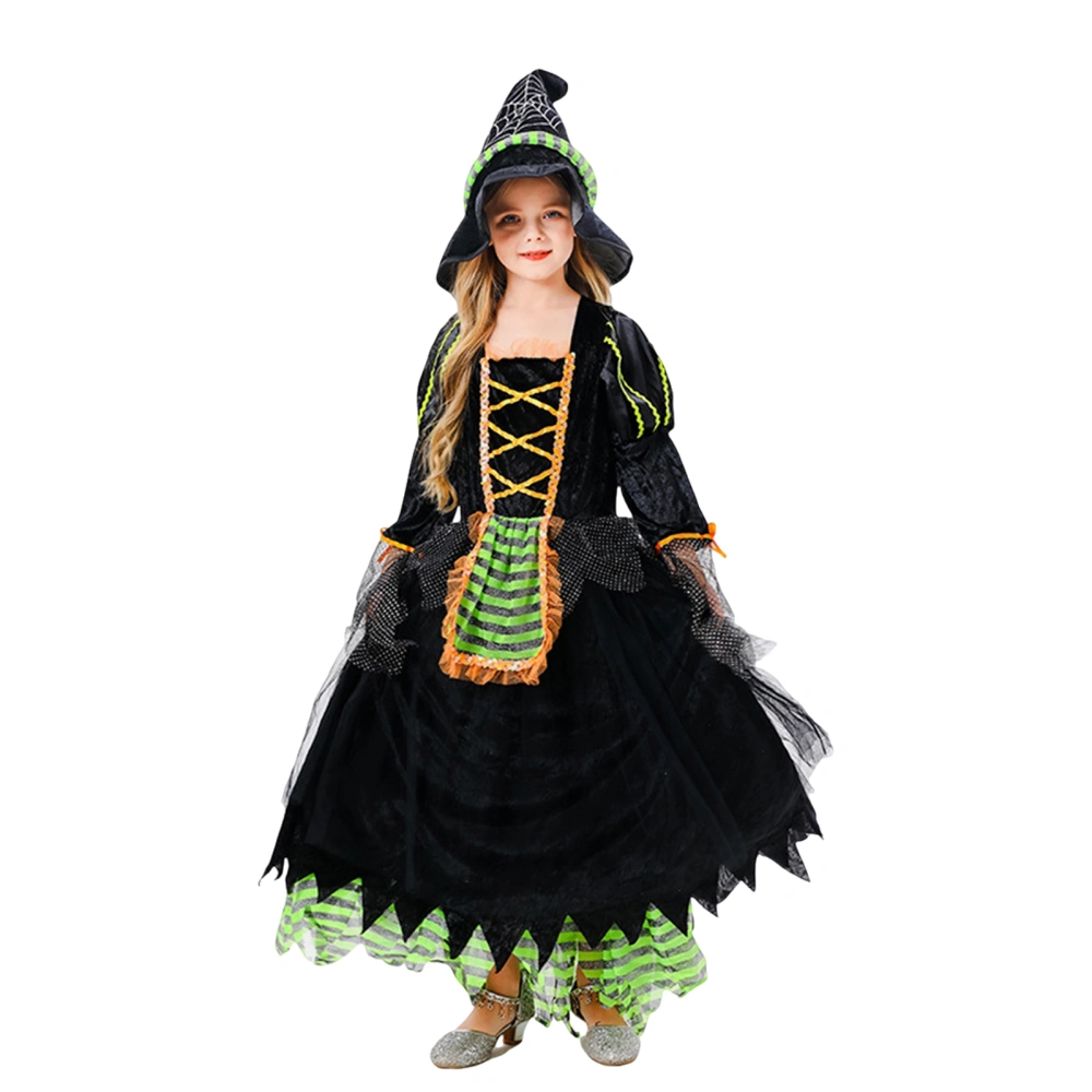 Girls Witch Costume Set Long Sleeve Tulle Patchwork Dress Wizard Hat