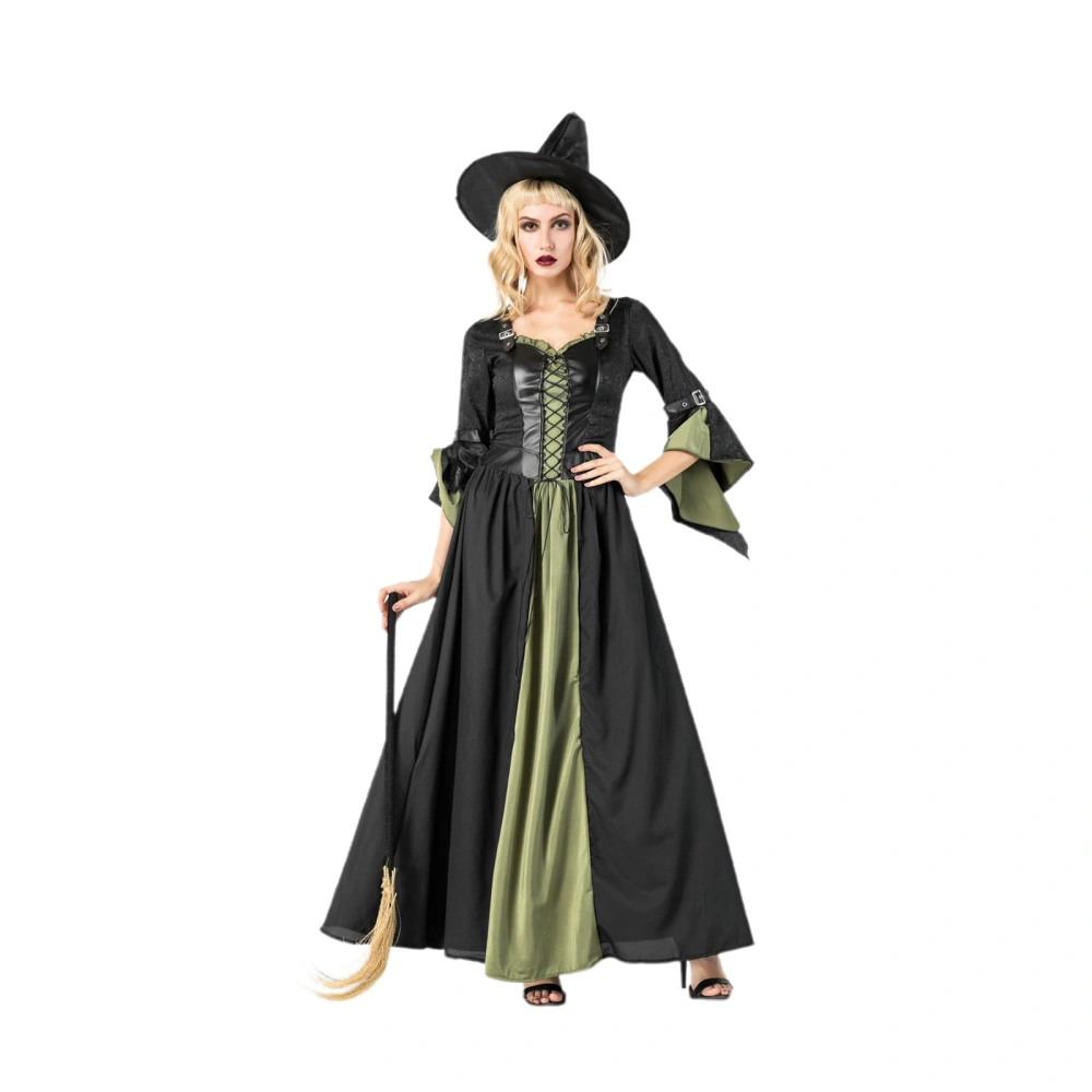 Womens Witch Costume Set, Cross 3/4 Sleeve Long Dress Witch Hat