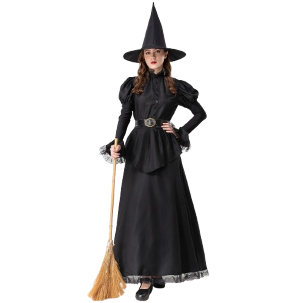 Women Witch Costume Long Flared Sleeve Belted Dress Wizard Hat Set