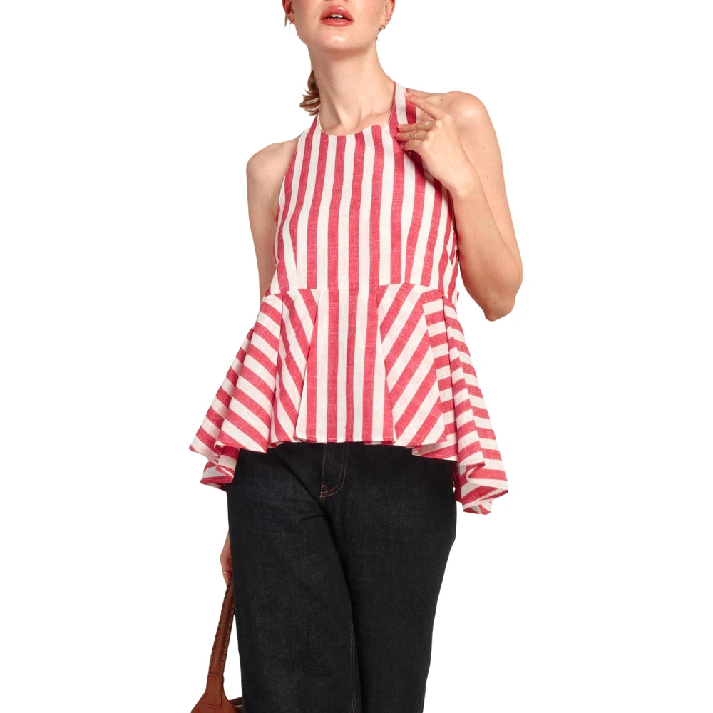 Women Striped Tank Tops Lacing Halter Neck Pleated Hem Casual Shirt