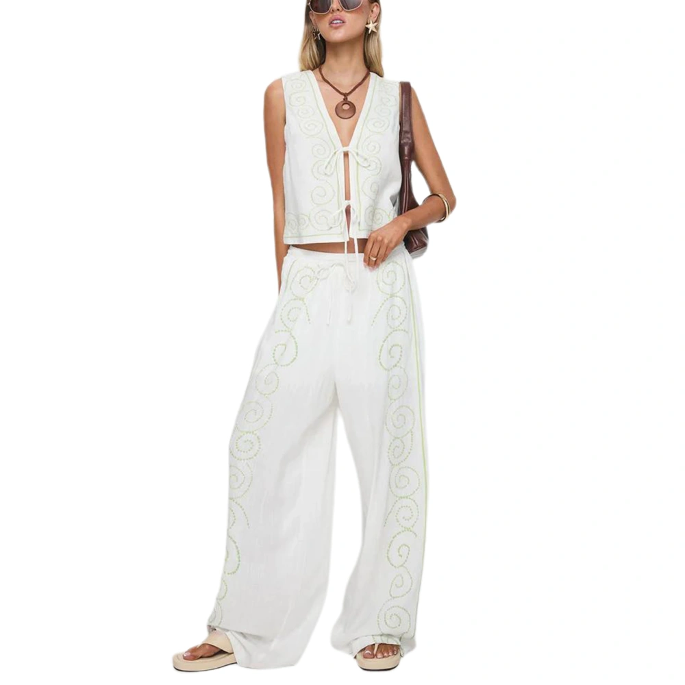 Women Summer Pants Outfits Circle Embroidery Tank Tops Pants