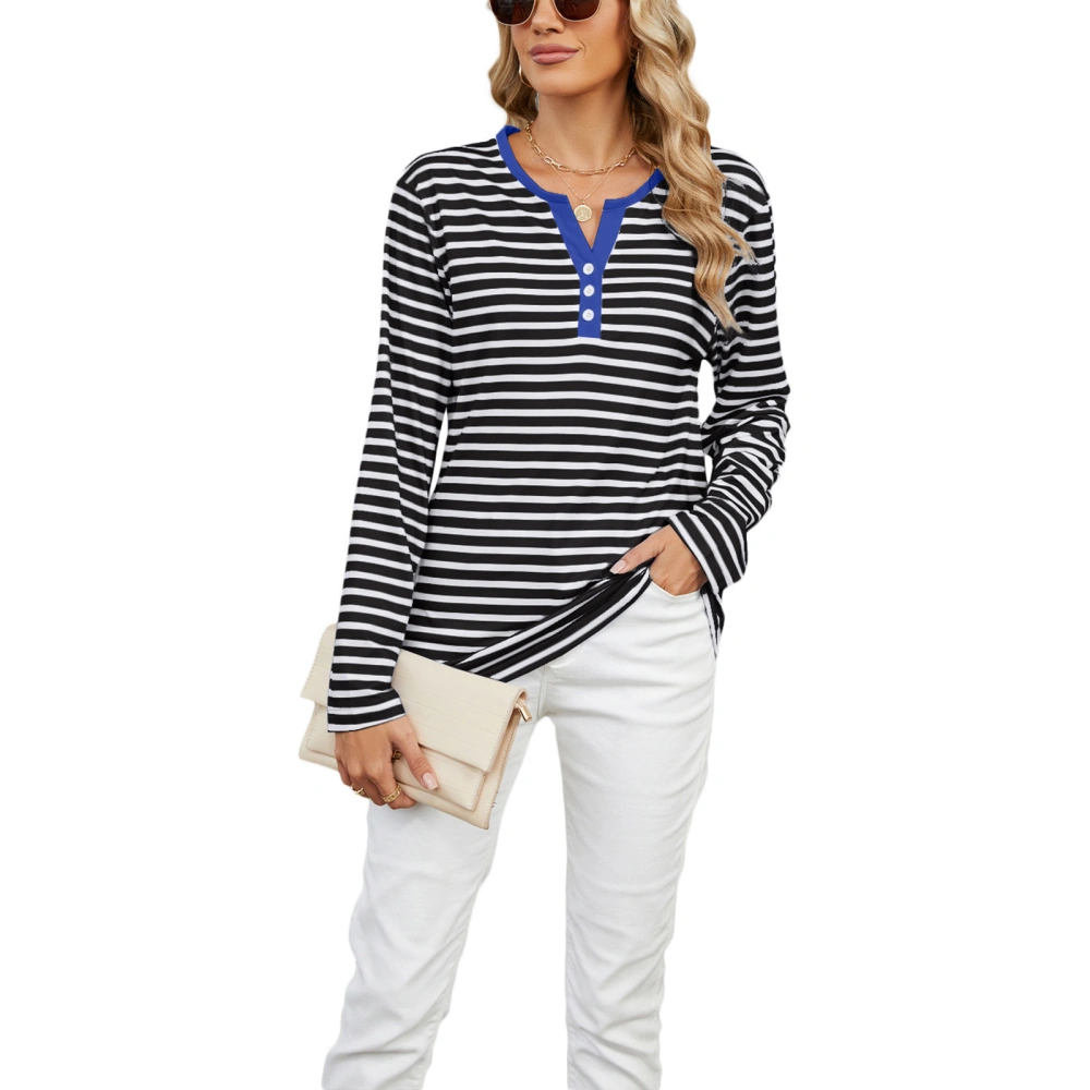 Women Long Sleeve Shirt Casual Stripe Print V-Neck Tops Basic Blouses 