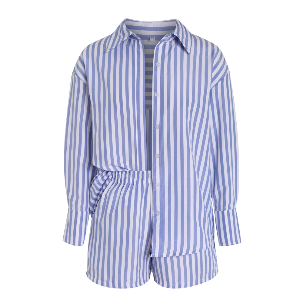 Women Striped Lounge Set Long Sleeve Lapel Button Up Shirt Shorts