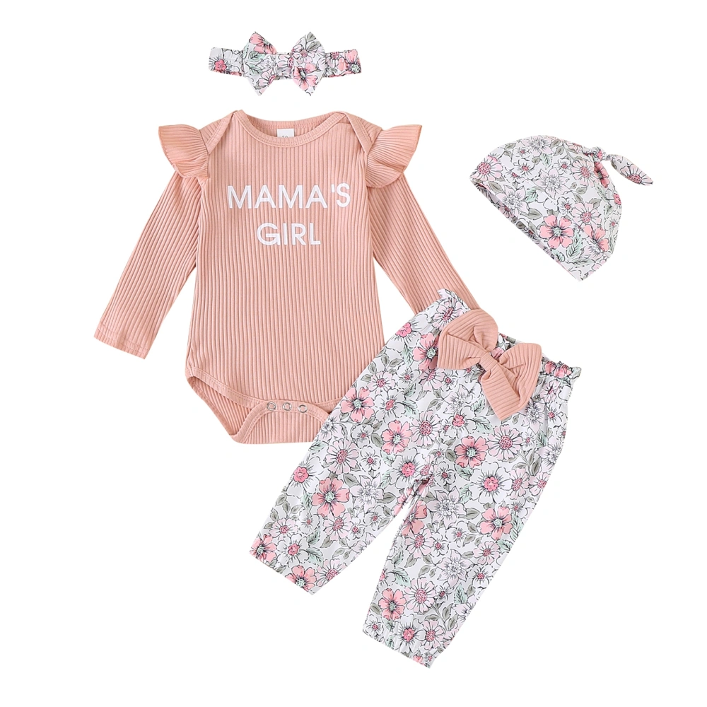 Baby Girls Fall Outfit, Letters Print Romper Floral Pants Headband Hat