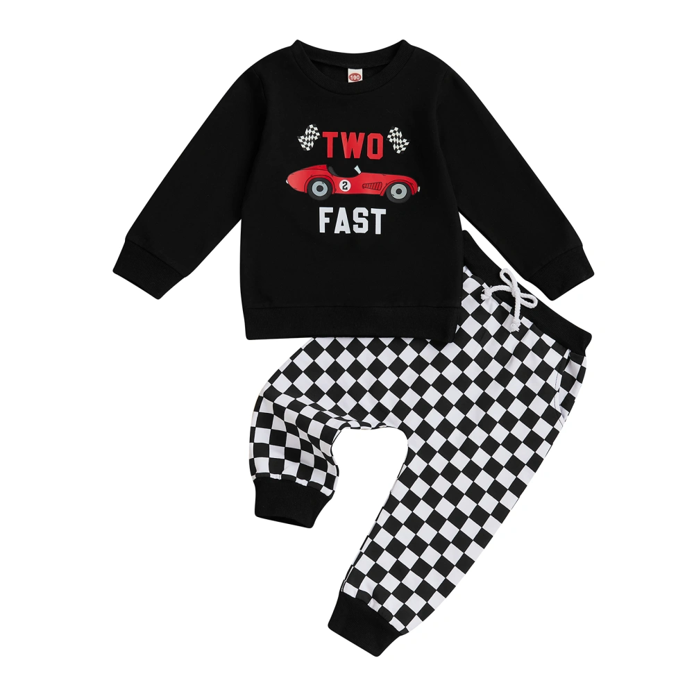 Baby Boys Pants Set, Long Sleeve Car Print Sweatshirt with Plaid Pants