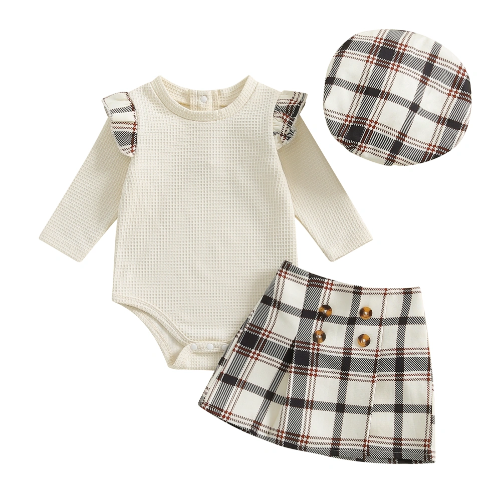 Baby Girls Fall Outfit Romper and Plaid Print Skirt Cute Beret Hat