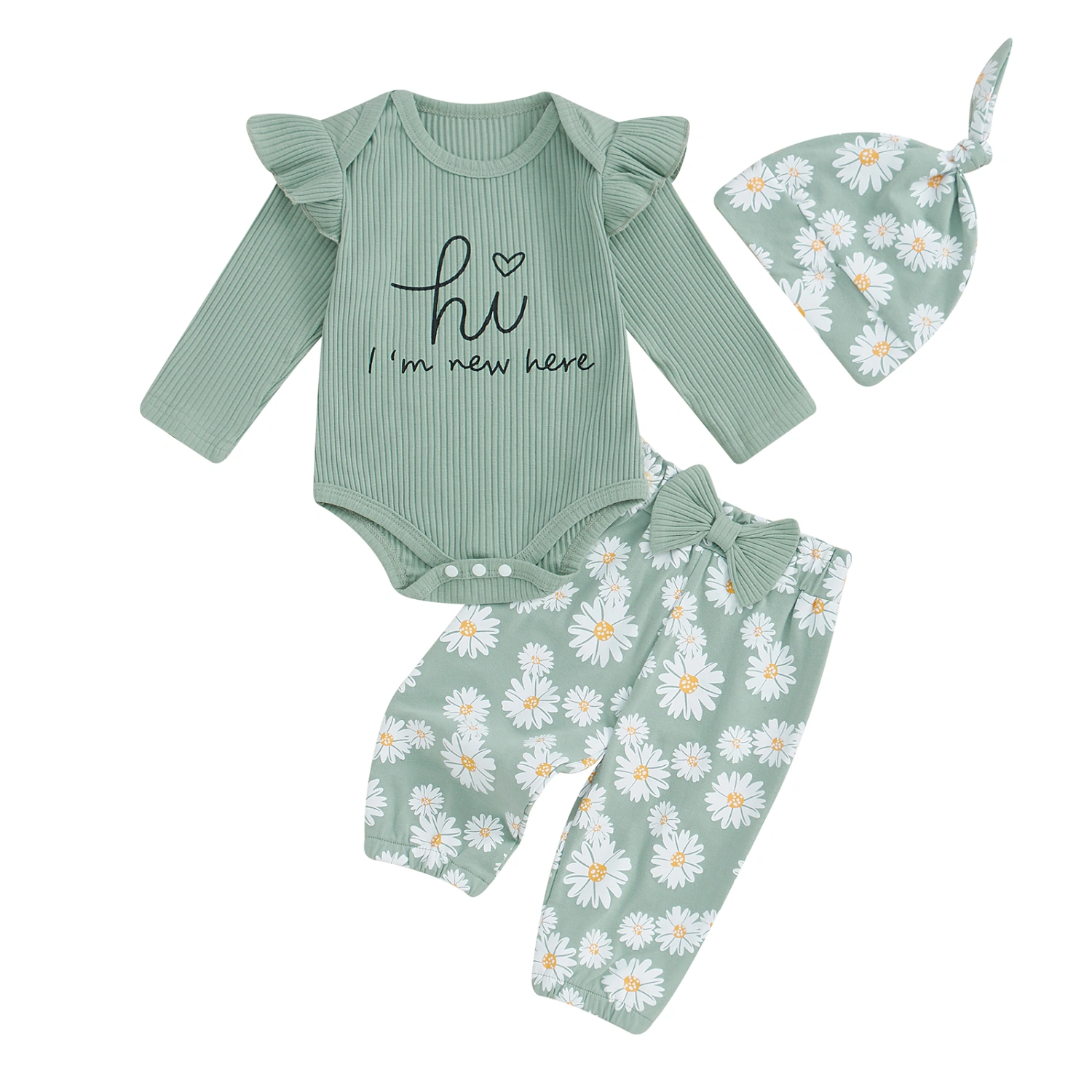 Baby Girl Fall Outfits Letter Print Crew Neck Romper Long Pants Hat