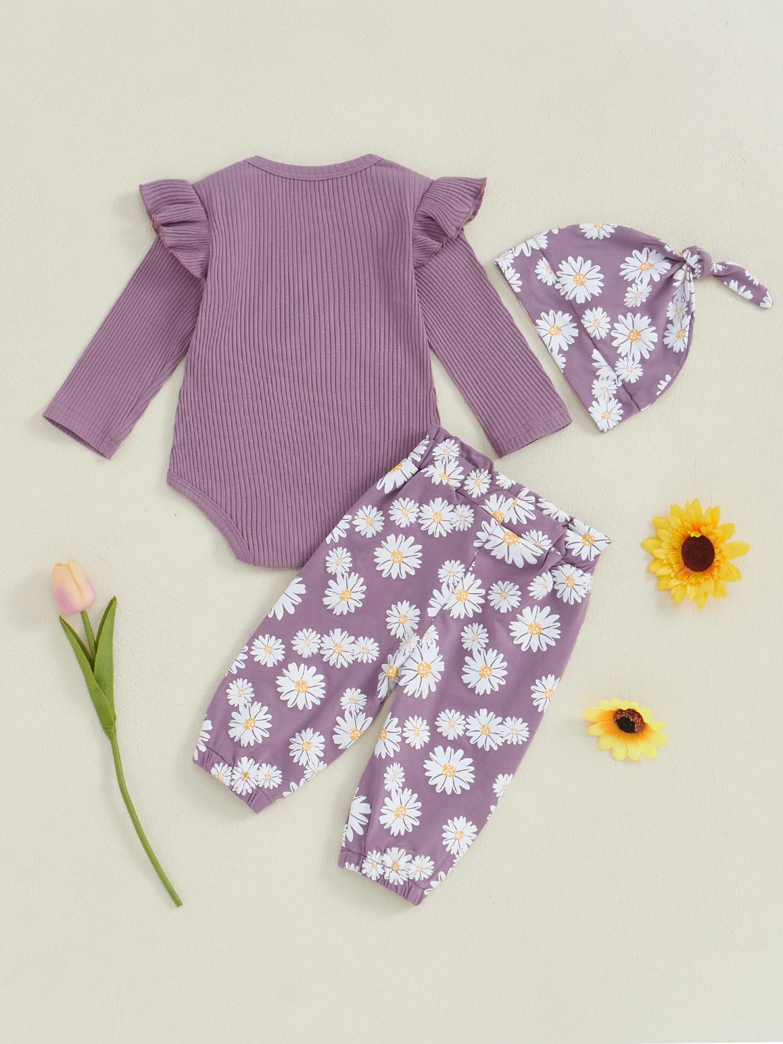 Baby Girl Fall Outfits Letter Print Crew Neck Romper Long Pants Hat