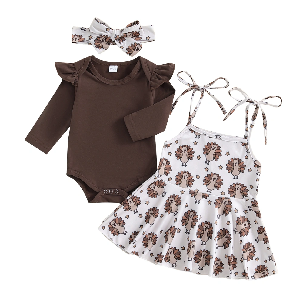 Thanksgiving Baby Girls Outfit Romper with Turkey Print Dress Headband