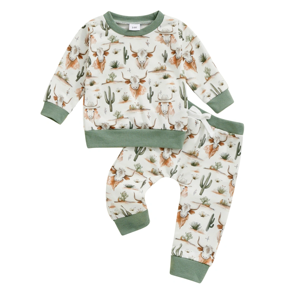 Baby Boy Western Outfit Cow Head Cactus Print Sweatshirt and Pants