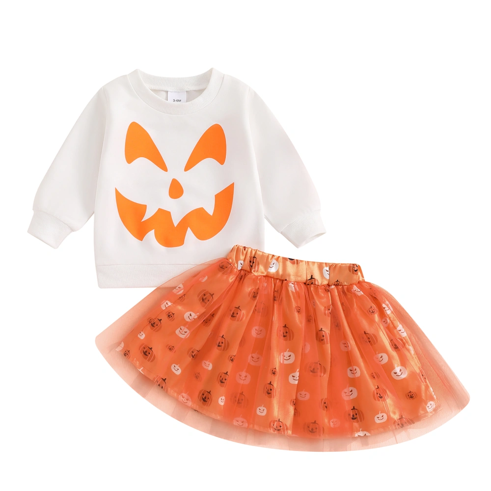 Girls Halloween Set Pumpkin Print Sweatshirt Gauze Skirt Outfits