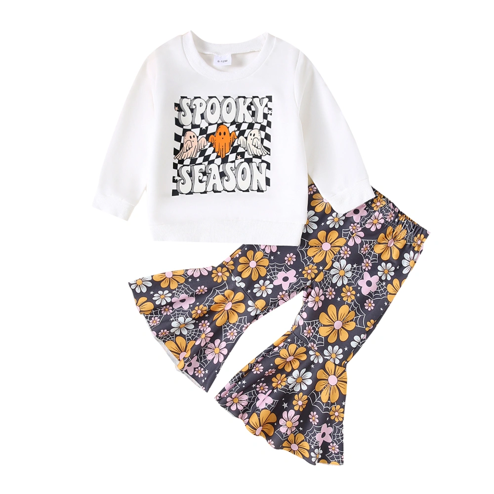 Girls Halloween Pants Set, Ghost Letters Print Sweatshirt Flower Pants