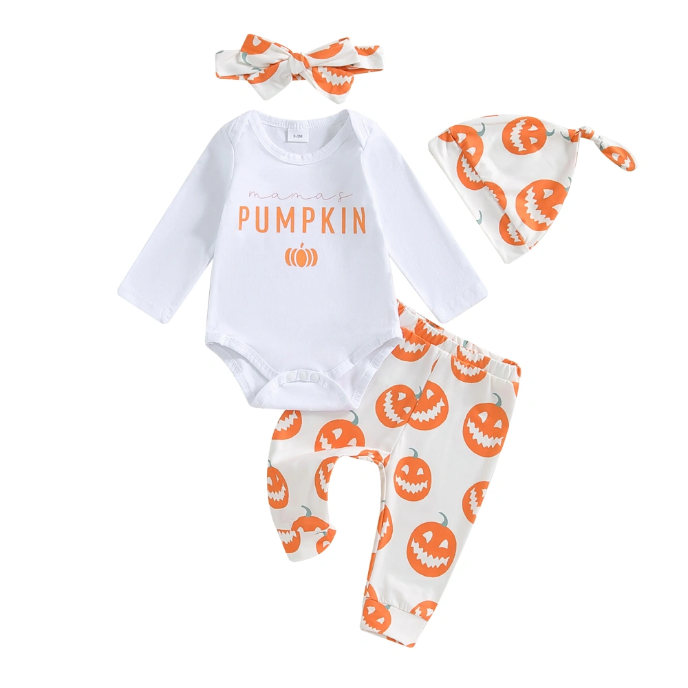 Baby Girl Halloween Set Letter Pumpkin Romper Long Pants Hat Hair Band