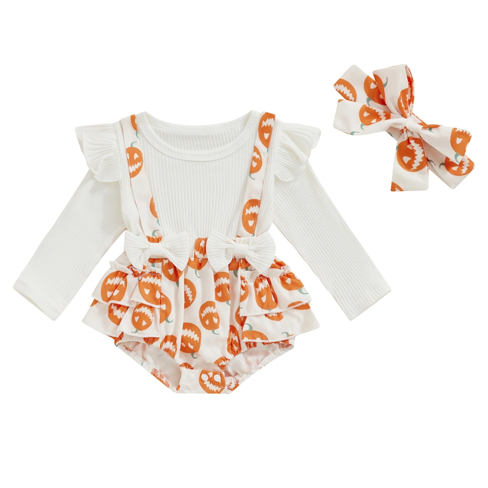 Girl Halloween Romper Long Sleeves Pumpkin Print Jumpsuit Headband 