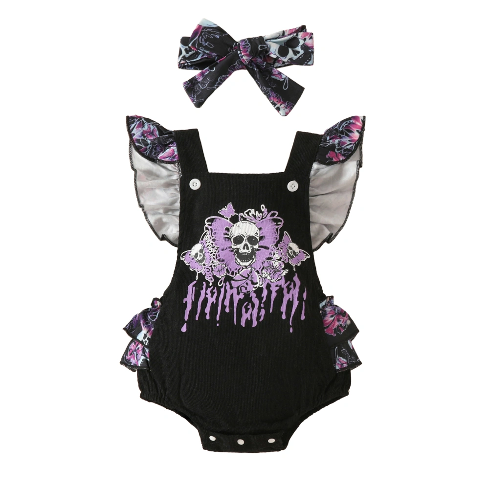 Baby Halloween Romper Skull Flutter Sleeve Overalls Jumpsuit Headband