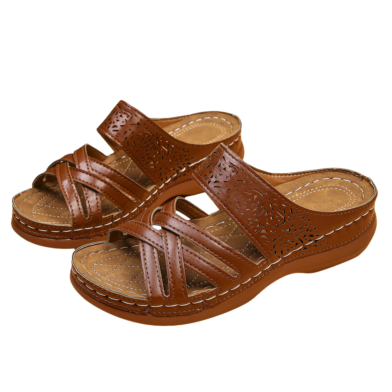 Womens Thick Sole Slippers Hollowed Cross Heeled Slipper Sandals