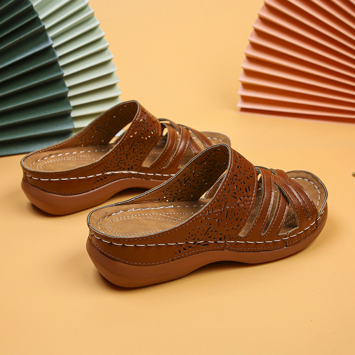 Womens Thick Sole Slippers Hollowed Cross Heeled Slipper Sandals