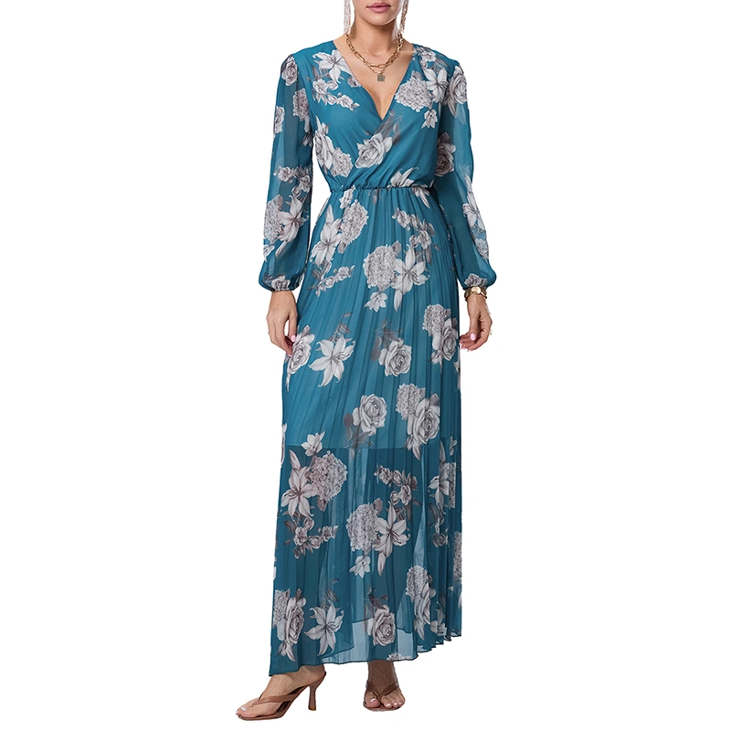 Women Long Dress Floral Pleated Waist Tightening V-Neck Flowy Dresses
