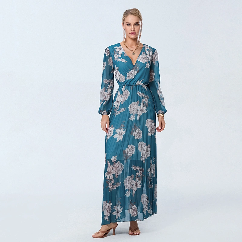 Women Long Dress Floral Pleated Waist Tightening V-Neck Flowy Dresses