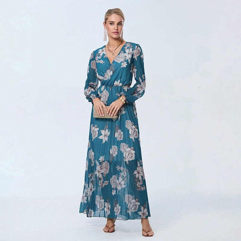 Women Long Dress Floral Pleated Waist Tightening V-Neck Flowy Dresses