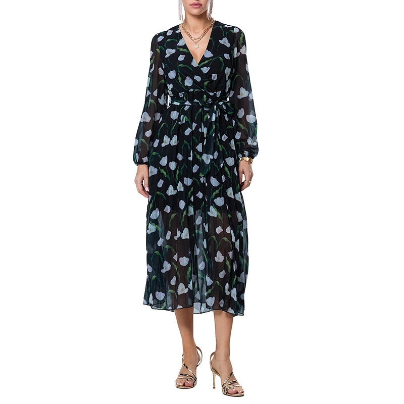 Women Long Sleeve Dress Casual Floral Print V-Neck Long Dress 