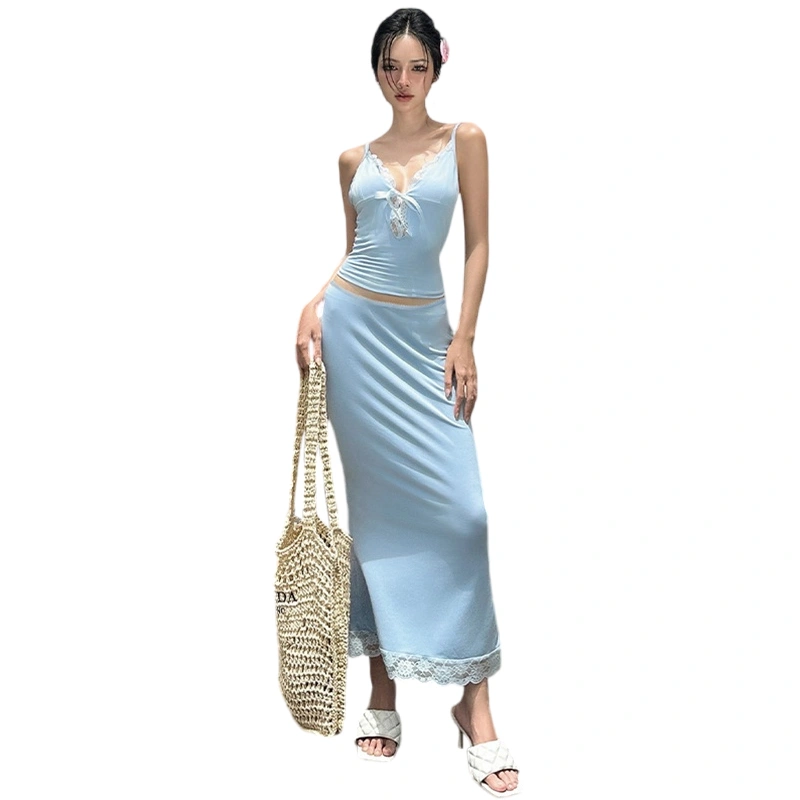 Women’s Two Piece Summer Outfits Tie Front Cami Tops and Long Skirt