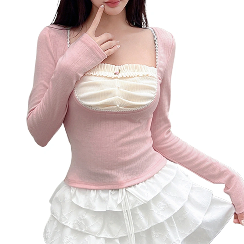 Women's Slim Crop Tops Patchwork Long Sleeve Rosette T-Shirt 