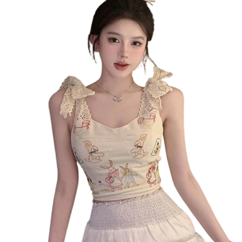 Women’s V Neck Tank Tops Sleeveless Tie Lace Strap Bunny Print Tops