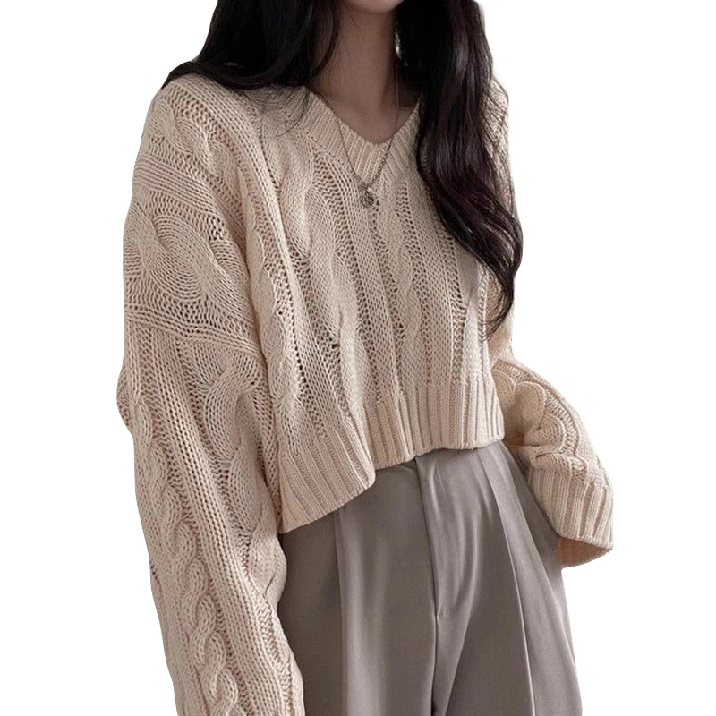 Women's Cable Knit Sweater Long Sleeve V Neck Solid Color Knitwear