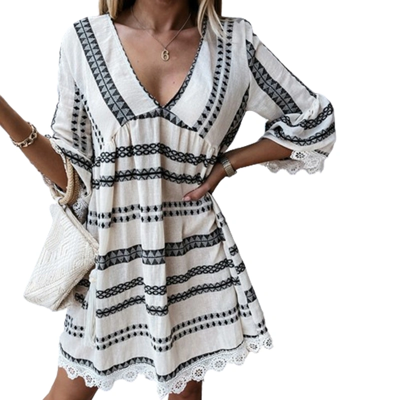 Women Lace Trim Dress Geometric Print Half Sleeve Flowy Short Dress