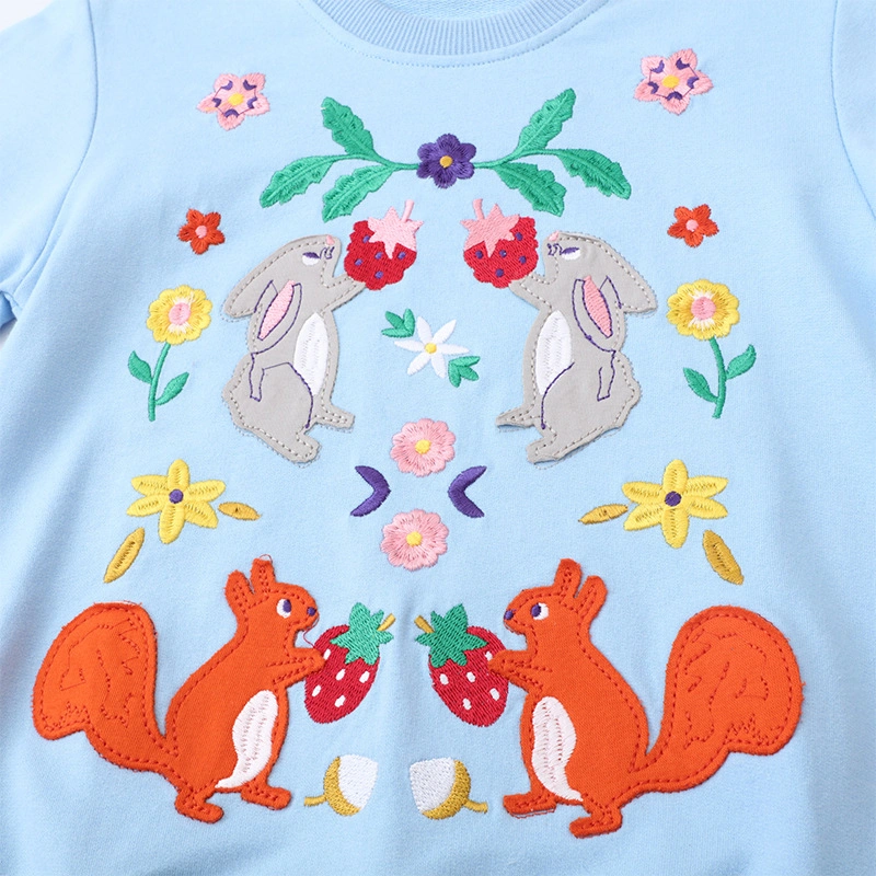 Kids Girl Sweatshirt Bunny Floral Embroidery Long Sleeve Pullovers