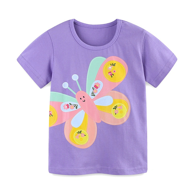 Girls Summer Casual Tops Short Sleeve Crewneck Butterfly Print T-shirt