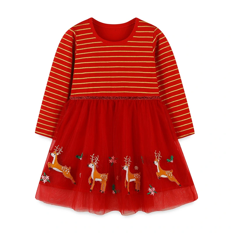 Girls Christmas Dress Long Sleeve Elk Print Tulle Patchwork Dress