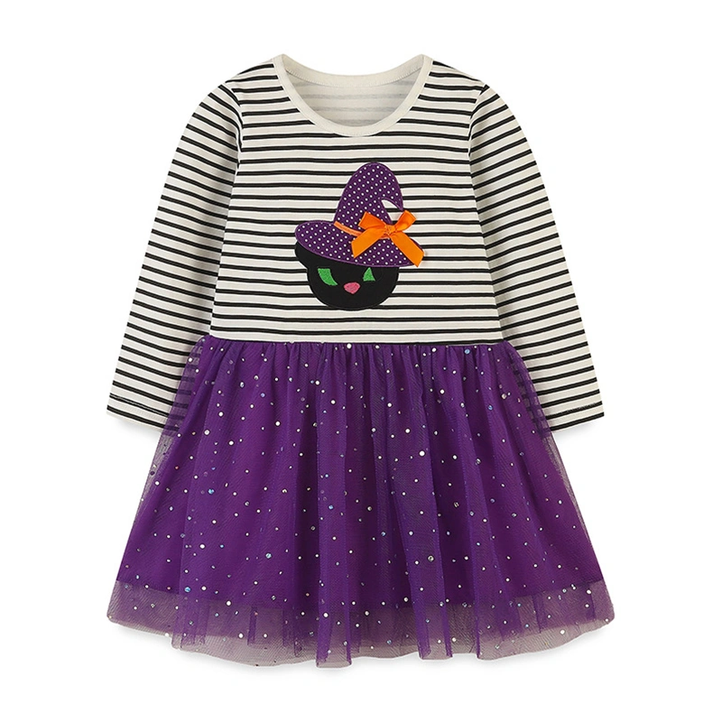 Girls Halloween Mesh Dress Striped Witch Embroidered Long Sleeve Dress