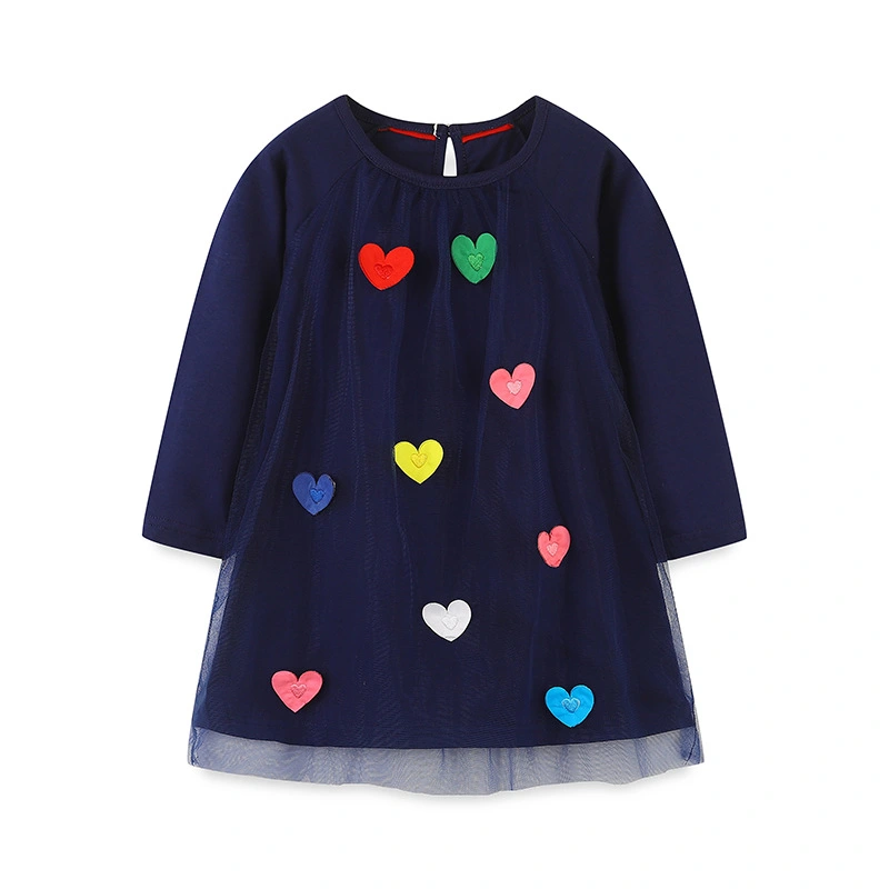 Kids Girl Long Sleeve Dress Casual Heart Embroidery Patch A-Line Dress