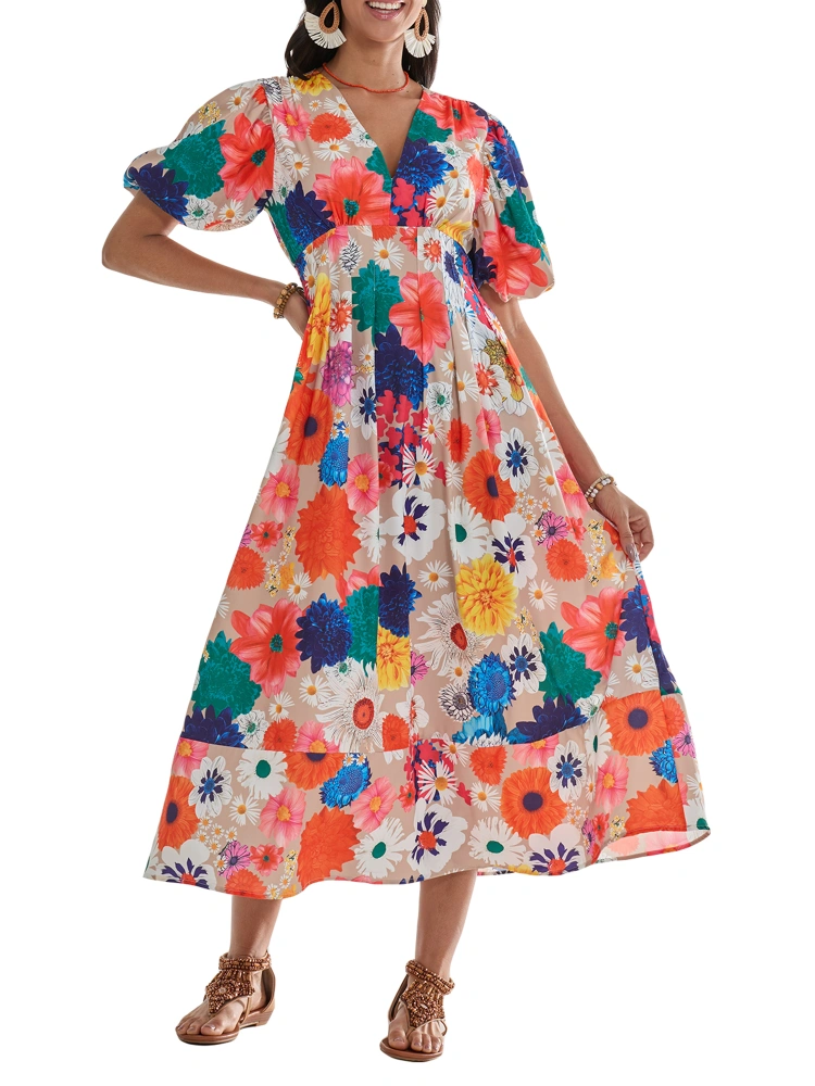 Women's Floral Print Long Dresses Short Puff Sleeves V-Neck Dress