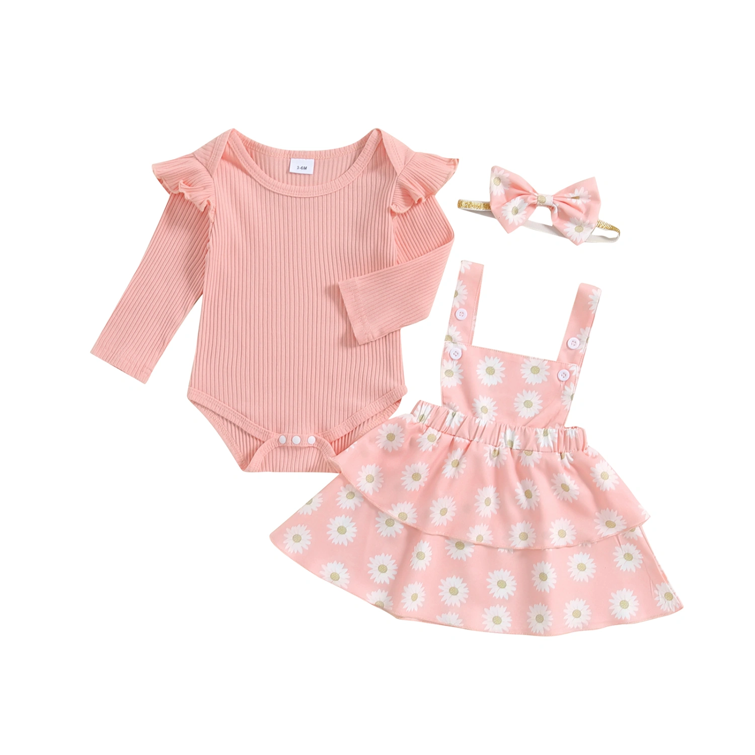 Baby Fall Set Ruffled Ribbed Romper Floral Overalls Skirt Headband