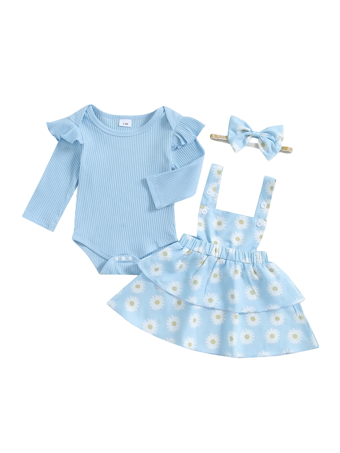 Baby Fall Set Ruffled Ribbed Romper Floral Overalls Skirt Headband