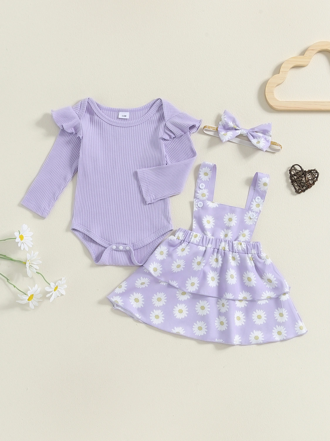 Baby Fall Set Ruffled Ribbed Romper Floral Overalls Skirt Headband