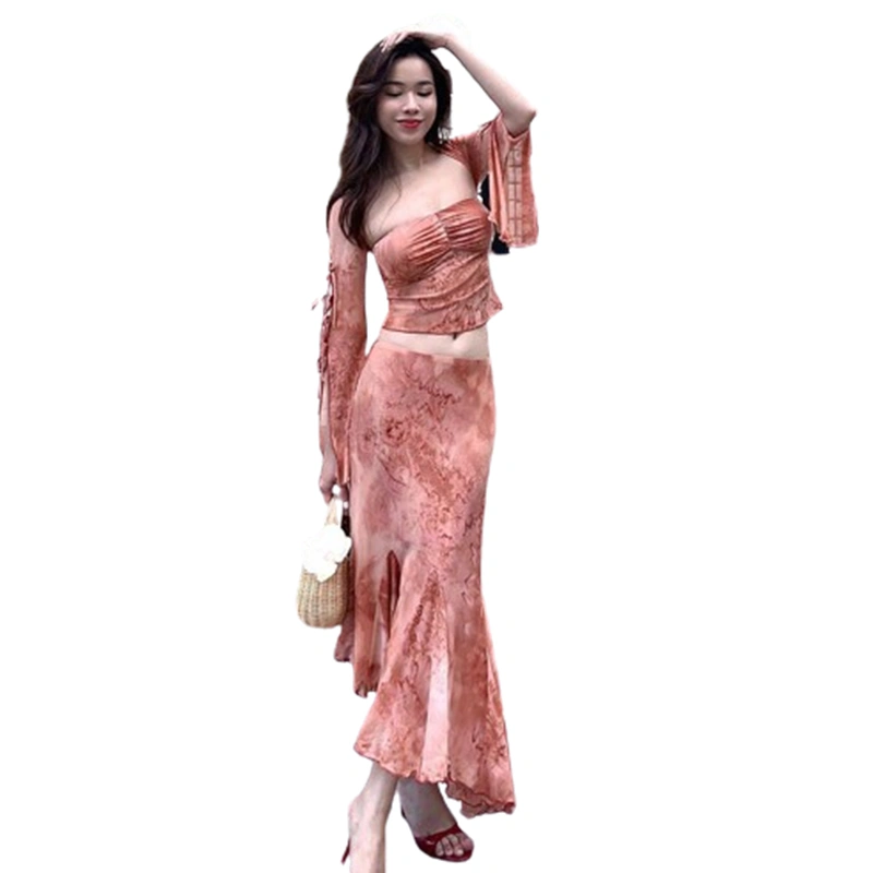 Women's Summer Outfits Personalized Print Tube Tops Long Skirt
