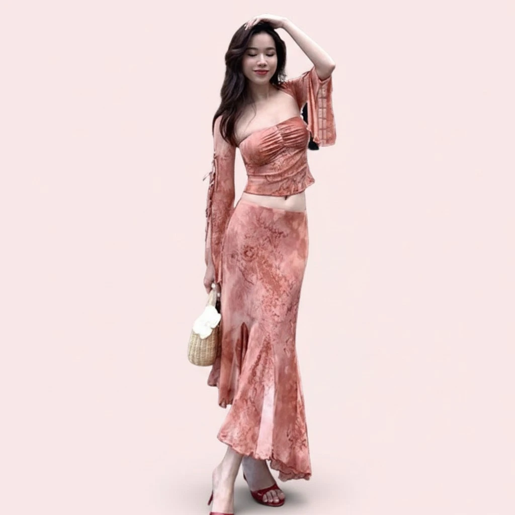 Women's Summer Outfits Personalized Print Tube Tops Long Skirt