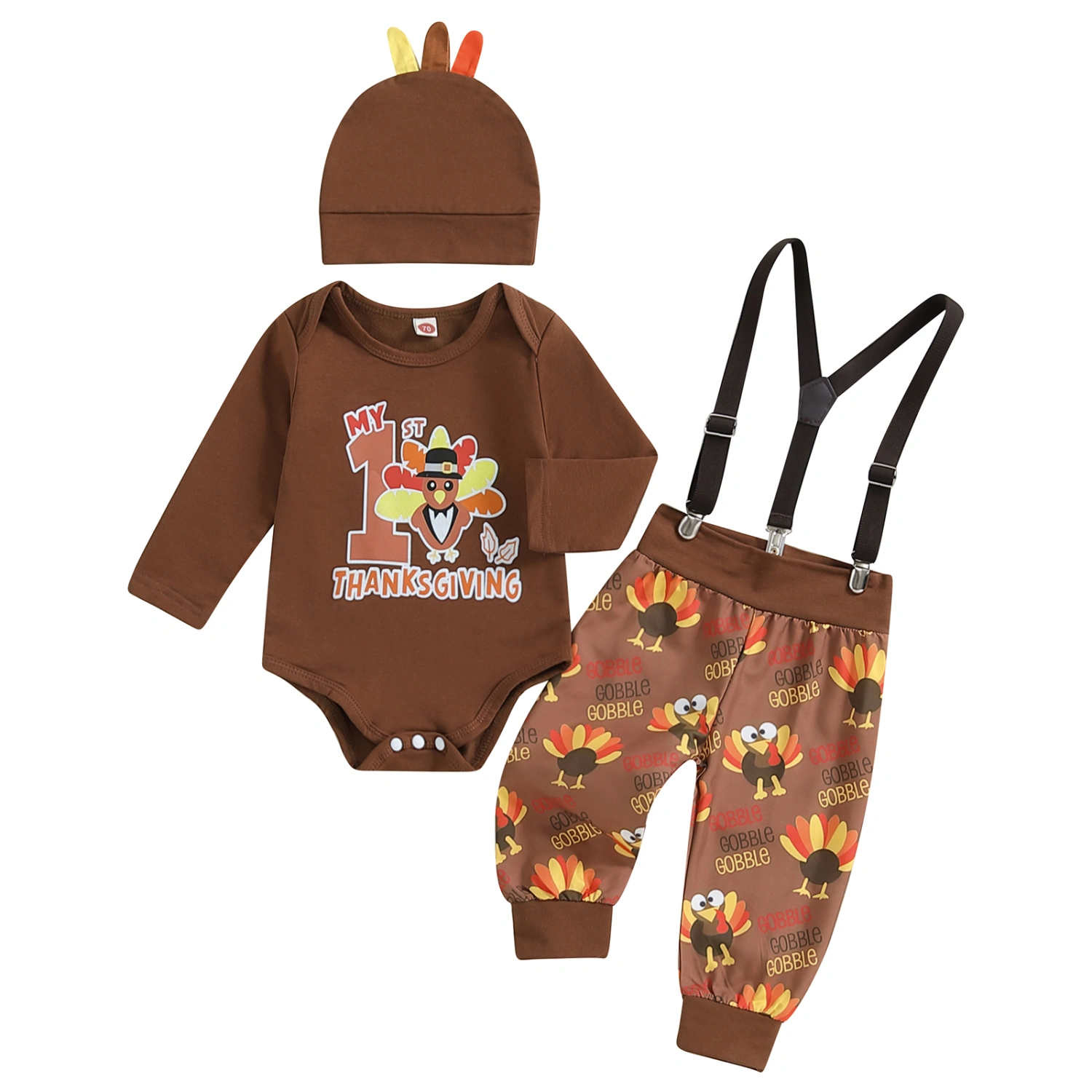 Baby Boy Thanksgiving Outfit Letter Turkey Print Rompers and Pants Hat