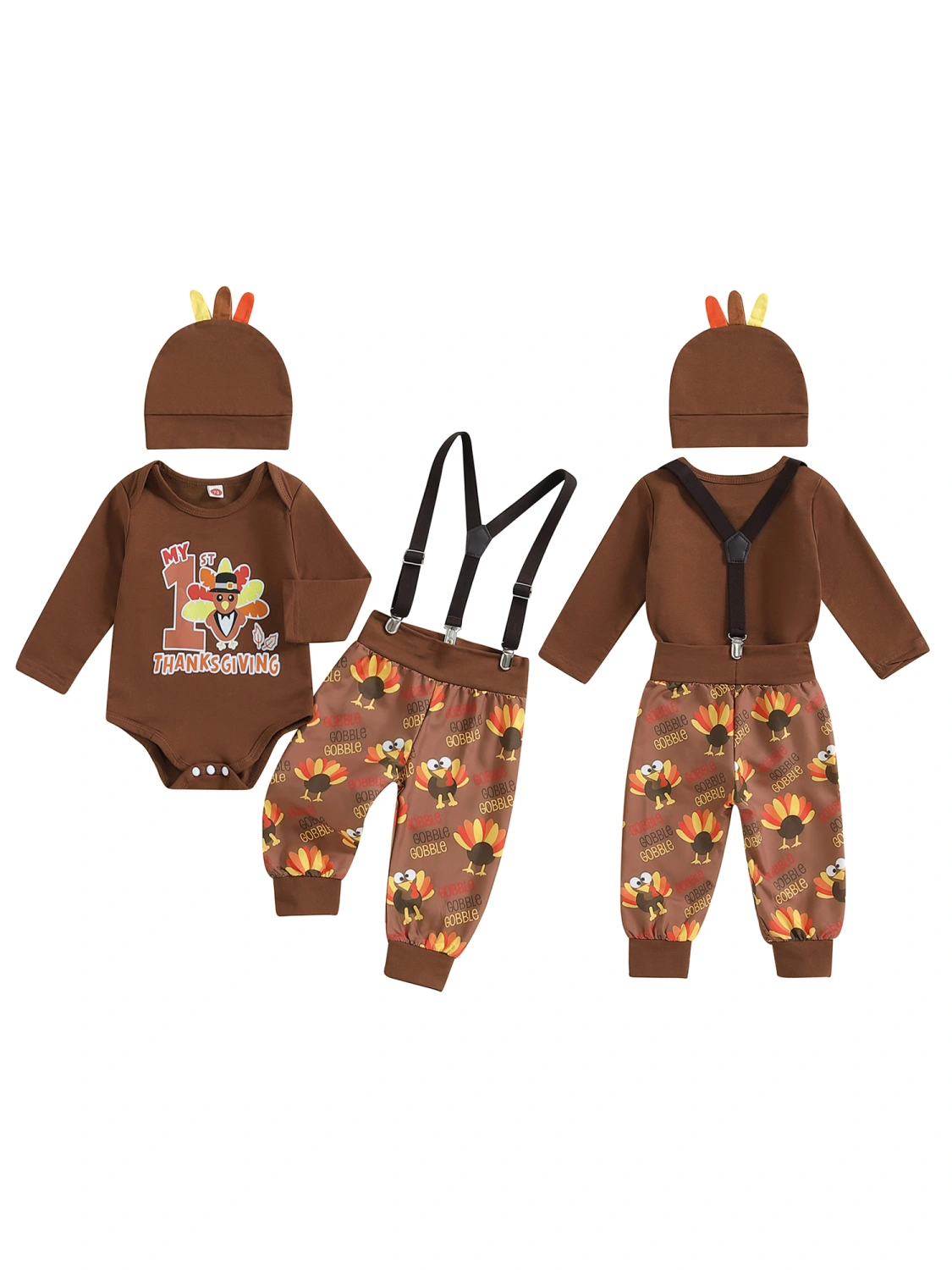 Baby Boy Thanksgiving Outfit Letter Turkey Print Rompers and Pants Hat