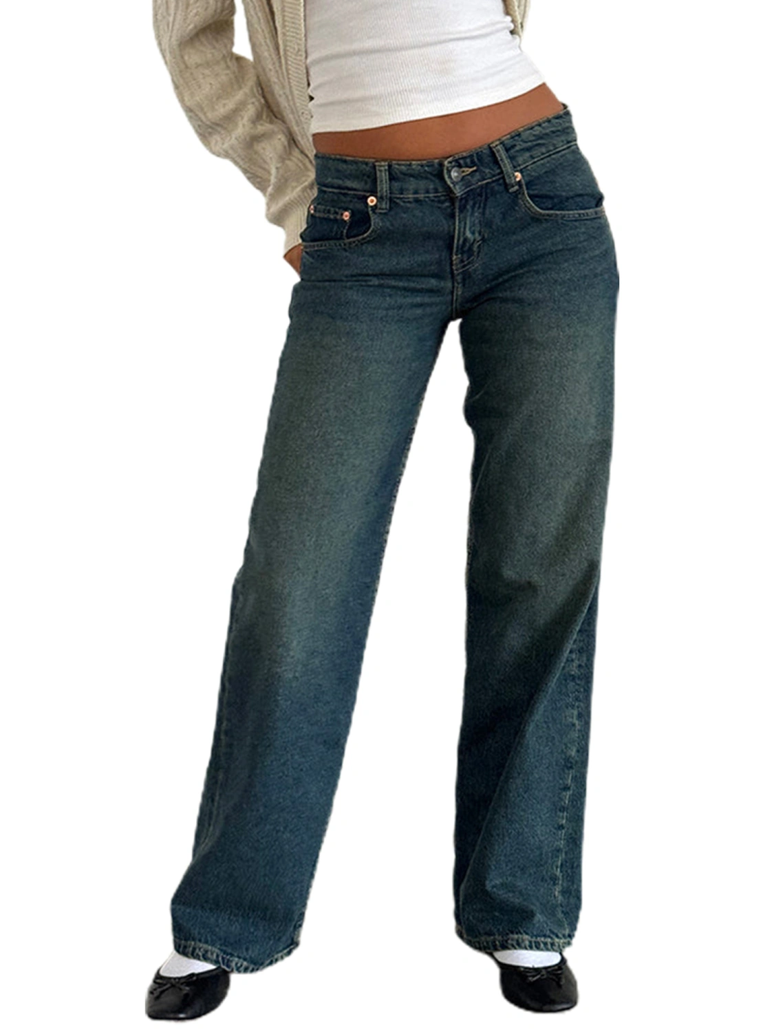Women Casual Low Rise Jeans Fashion Loose Straight Leg Denim Pants