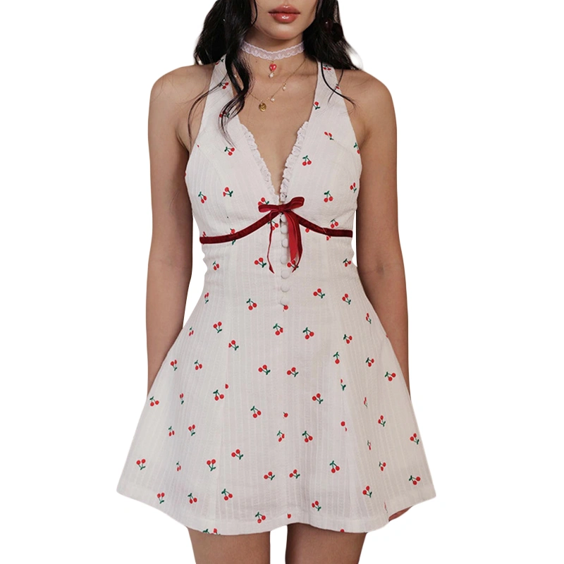 Women Halter Neck Dress Summer Cherry Print Backless Mini Party Dress