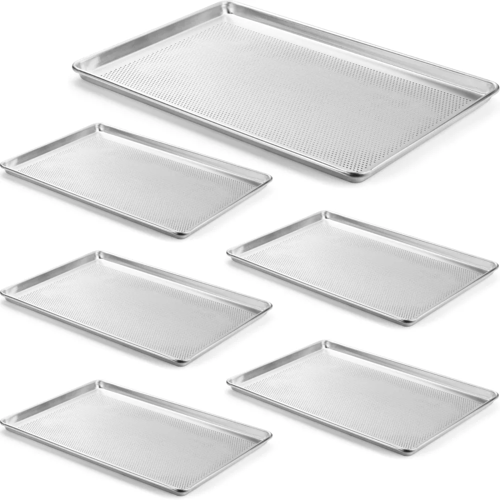 CURTA 6 Pack Aluminum Sheet Pan Perforated, NSF Listed Full Size 26 x 18 inch Commercial Bakery Cake Bun Pan, Baking Tray